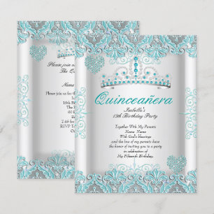 Pretty Teal Blue Quinceanera Party Tiara Hearts Invitation