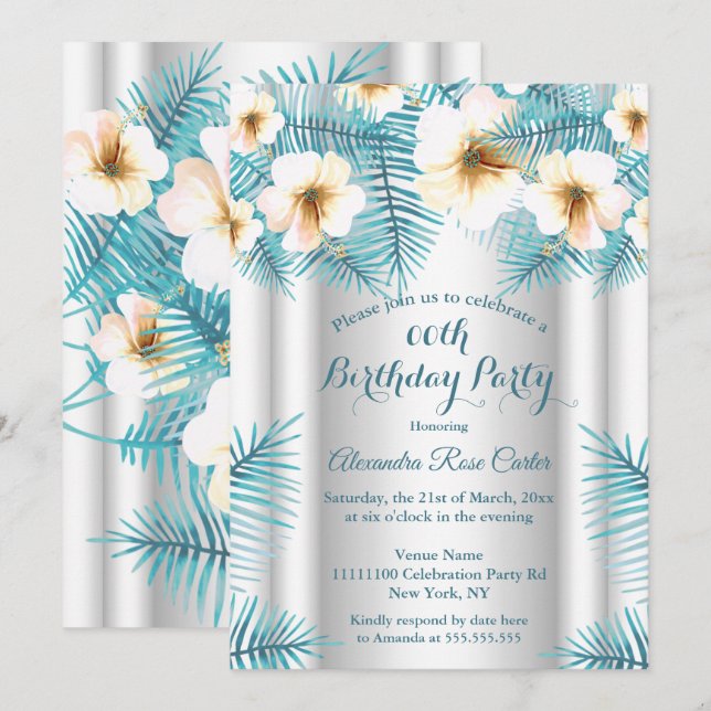 Pretty Teal Blue Tropical floral Birthday Party Invitation (Front/Back)