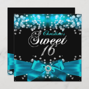 Pretty Teal Bow & Sparkle Sweet Sixteen Invitation