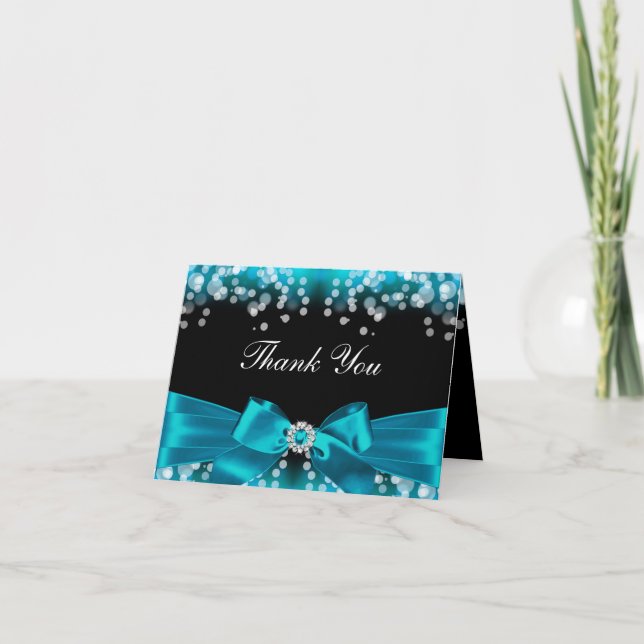 Pretty Teal Bow & Sparkle Thank You Card (Front)