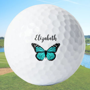Pretty teal butterfly with custom name ladies golf balls