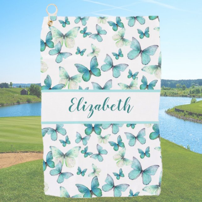 Pretty teal butterfly with custom name ladies  golf towel (Creator Uploaded)