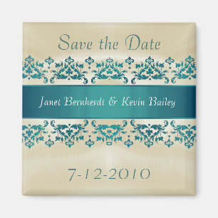 Pretty Teal Damask Save the Date magnet