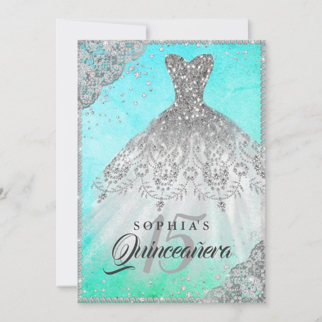 Pretty Teal Diamond Lace Sparkle Gown Quinceanera Invitation (Front)
