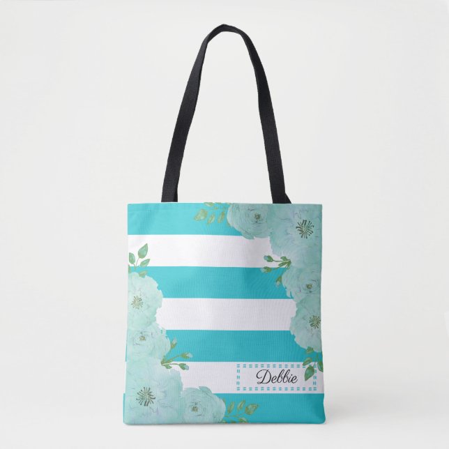 Pretty Teal Flowers And Stripes Tote Bag (Front)