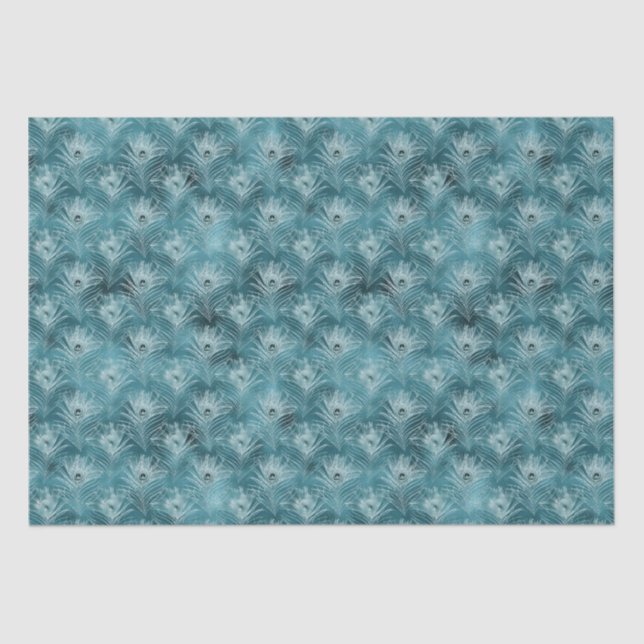 Pretty Teal Glitzy Peacock Feathers Tissue Paper (Front)