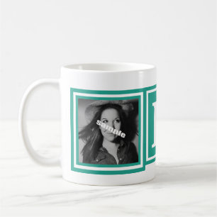 Pretty Teal Green 2 Photos with Large Monogram Coffee Mug