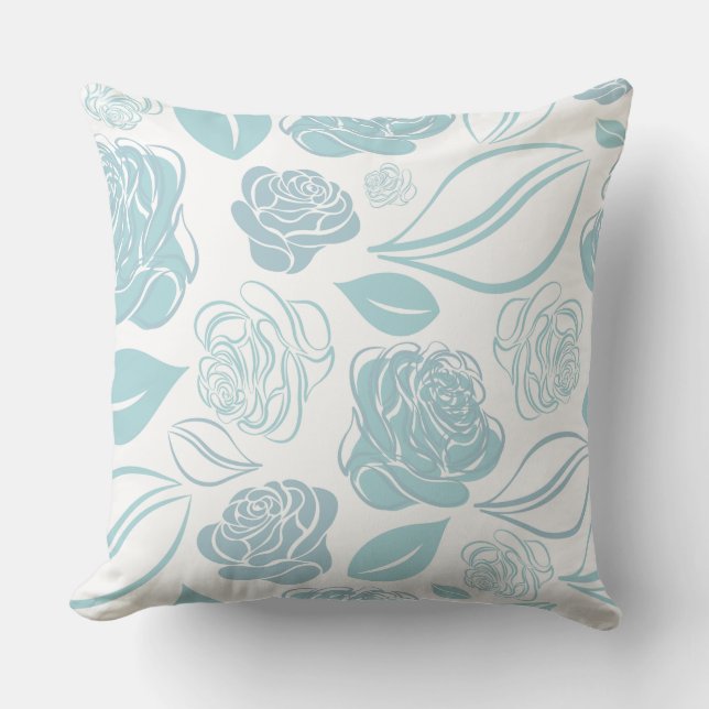 Pretty Teal Green and White Roses and Leaves   Cushion (Front)