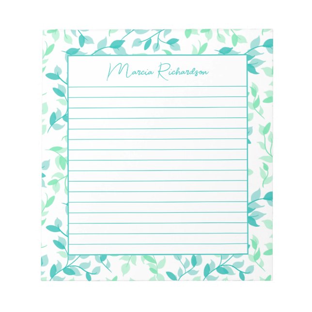 Pretty Teal Green Floral Modern Personalised Lined Notepad (Front)