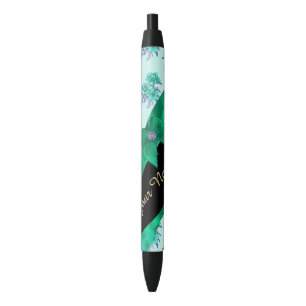 Pretty teal green  vintage floral pattern black ink pen