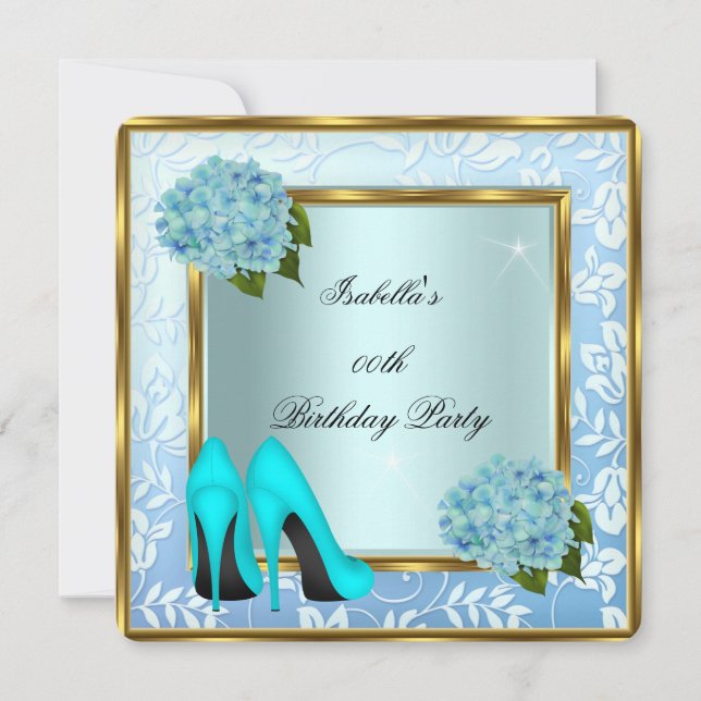 Pretty Teal Hydrangeas Floral High Heels Birthday Invitation (Front)