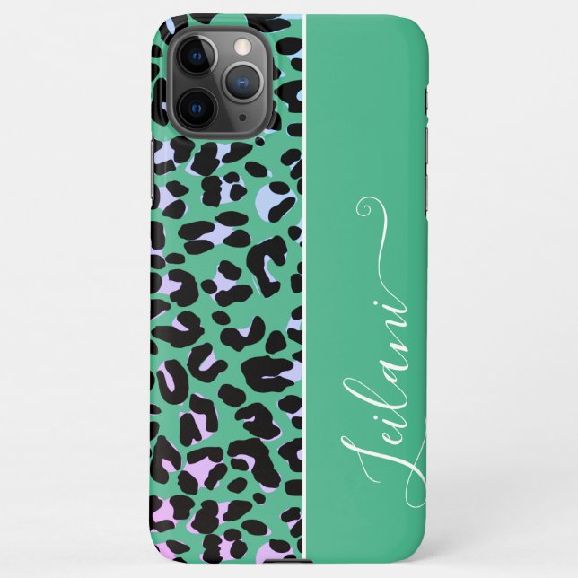 Pretty Teal Leopard Pattern Background Custom Name iPhone Case (Back)