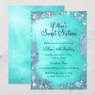 Pretty Teal Ocean Jewel Sweet 16 Birthday Invite