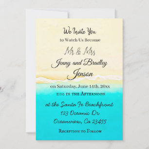 Pretty Teal Ocean Shore Beach  Themed Wedding Invitation