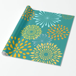 Pretty Teal Orange Flower Line Art Pattern Wrapping Paper