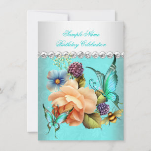 Pretty Teal Peach Roses Butterfly Birthday Party Invitation