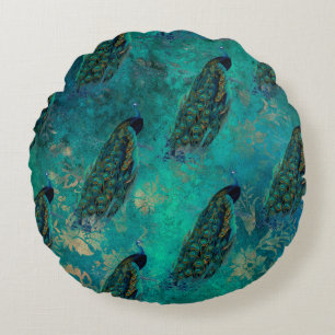 Pretty Teal Peacock Round Cushion