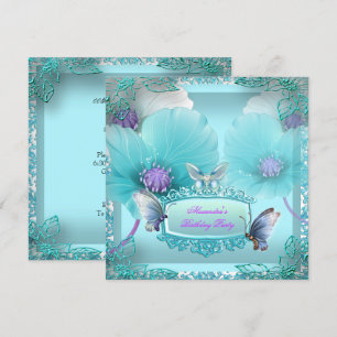 Pretty Teal Purple Butterfly lace Birthday Party Invitation