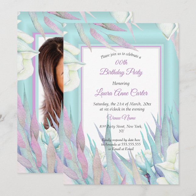 Pretty Teal Purple Floral Photo Birthday Party Invitation (Front/Back)