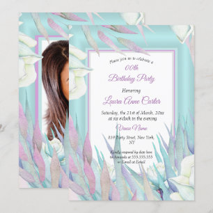Pretty Teal Purple Floral Photo Birthday Party Invitation