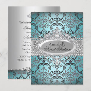 Pretty Teal & Silver Damask Sweet 16 Invite