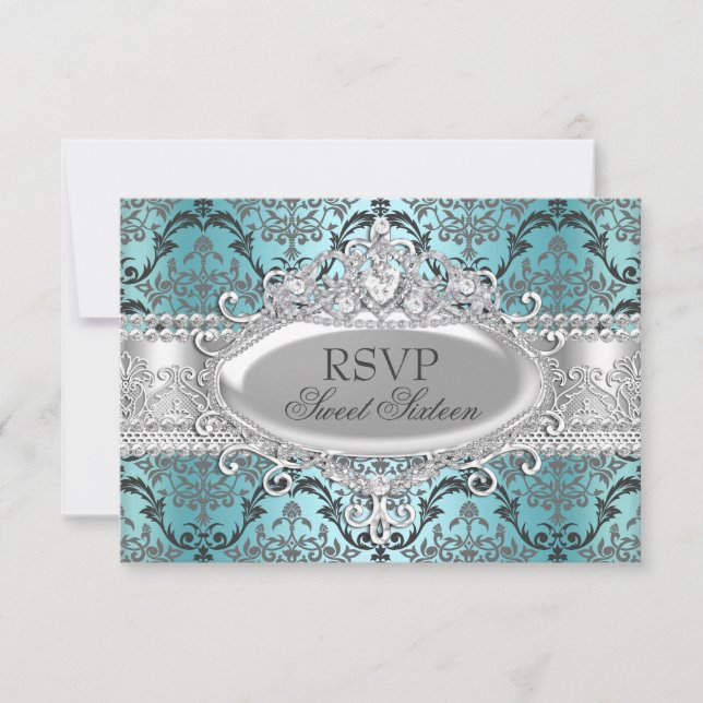 Pretty Teal & Silver Damask Sweet 16 RSVP Card (Front)