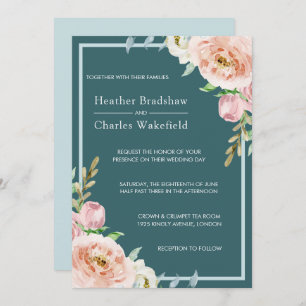 Pretty Teal Watercolor Floral Wedding Invitation