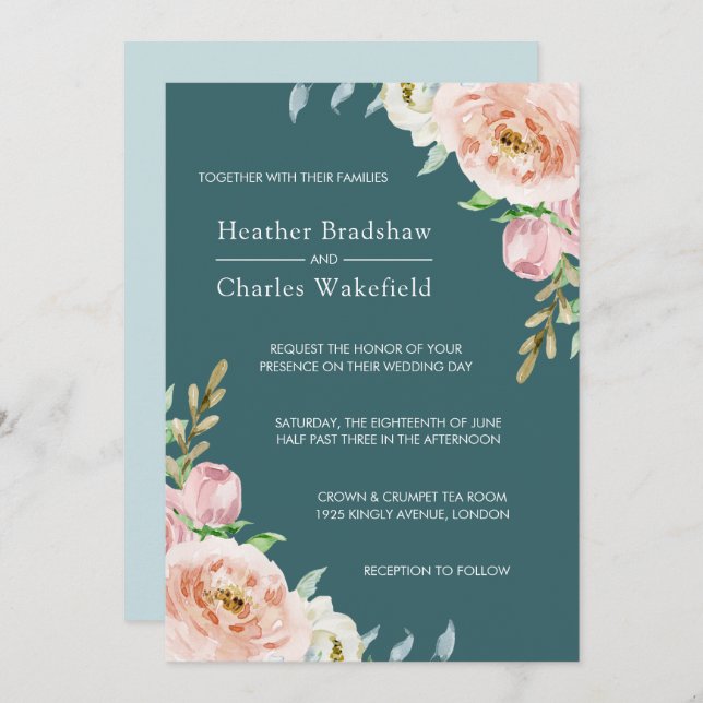 Pretty Teal Watercolor Floral Wedding Invitation (Front/Back)