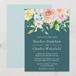 Pretty Teal Watercolor Floral Wedding Invitation