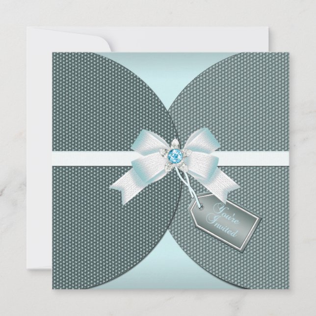 Pretty Teal Wedding Invite with Jewelled Bow (Front)