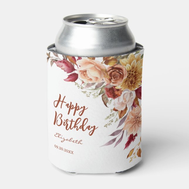 Pretty Terracotta Autumn Floral Botanical Birthday Can Cooler (Can Front)