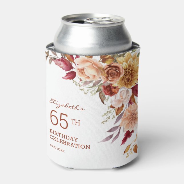 Pretty Terracotta Autumn Floral Botanical Birthday Can Cooler (Can Front)