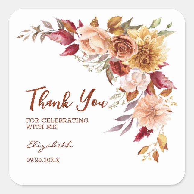 Pretty Terracotta Autumn Floral Botanical Birthday Square Sticker (Front)