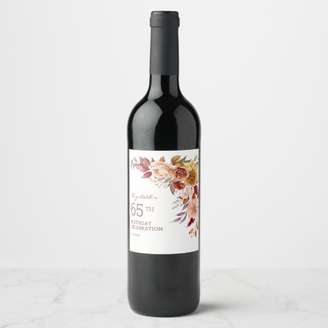 Pretty Terracotta Autumn Floral Botanical Birthday Wine Label (Front)