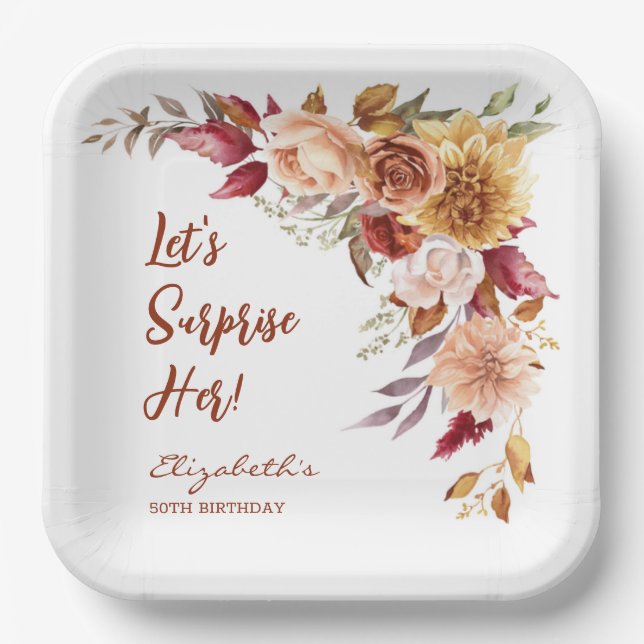 Pretty Terracotta Autumn Floral Surprise Birthday Paper Plate (Front)