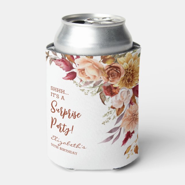 Pretty Terracotta Fall Floral Surprise Birthday Can Cooler (Can Front)