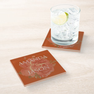 Pretty Terracotta Rust Floral Cute Wedding Party  Glass Coaster