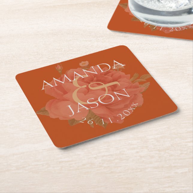 Pretty Terracotta Rust Floral Cute Wedding Party Square Paper Coaster (Angled)