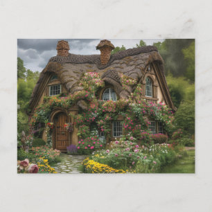 Pretty thatched house with plants and flowers postcard