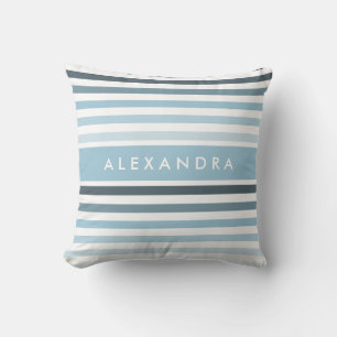 Pretty Thick Stripes Pattern and Name in Aqua Blue Cushion