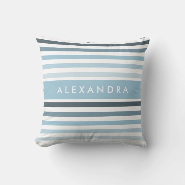Pretty Thick Stripes Pattern and Name in Aqua Blue Cushion (Front)