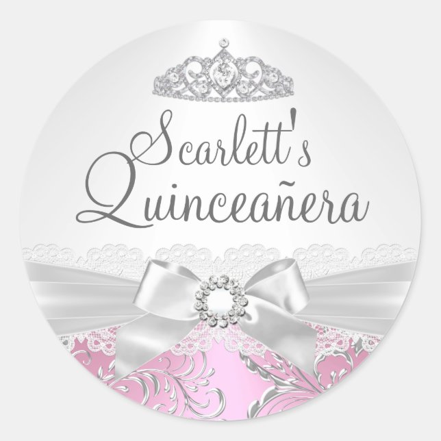Pretty Tiara & Bow Pink Quinceanera Sticker (Front)