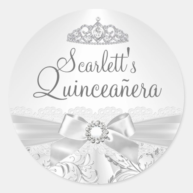 Pretty Tiara & Bow Silver Quinceanera Sticker (Front)