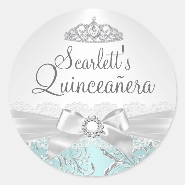 Pretty Tiara & Bow Teal Quinceanera Sticker (Front)