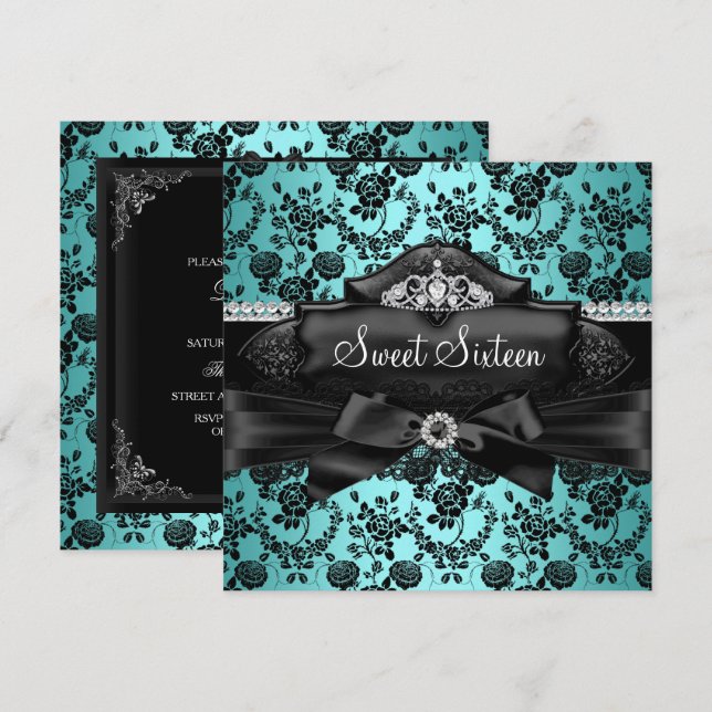Pretty Tiara & Bow Teal Sweet 16 Invitation (Front/Back)