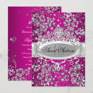 Pretty Tiara Sparkle Flowers Pink Sweet 16 party Invitation