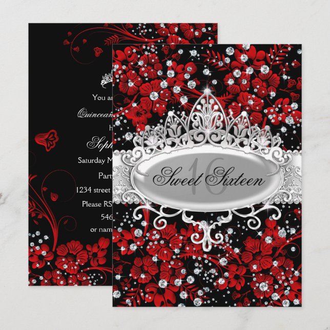 Pretty Tiara & Sparkle Flowers Red Sweet 16 Invitation (Front/Back)