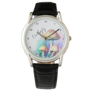Pretty Toadstools Mushrooms Watercolor Custom Name Watch