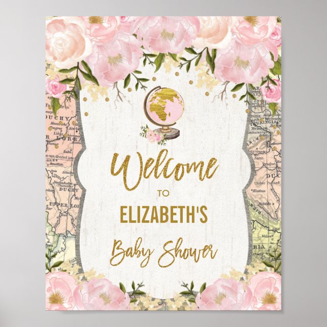 Pretty Travel Map Baby Shower Pink Flower Welcome Poster (Front)