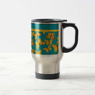 Pretty Travel Mug, Golden Butterflies on Sky Blue Mug